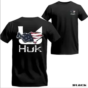 Huk USA Fishing T-shirt, American Flag Bass Graphic, Patriotic Angler Apparel, Unisex Outdoor Sport Streetwear
