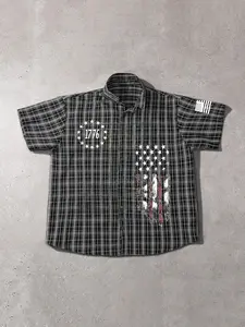 Teens' Black & White Plaid Patriotic Shirt, "1776" & Distressed American Flag Print Apparel, Oversized Relaxed Fit Casual Button-Up for 8-16 Years, Perfect for 4th of July Parties, Casual Hangouts & Daily Errands, Popular Kids Patriotic Merch