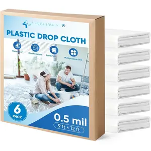 12 x 9 Ft Plastic Drop Cloth for Painting,  Painters Plastic Sheeting, Painting Tarp for Furniture Cover, Floor Protection (6PK, 0.5Mil)