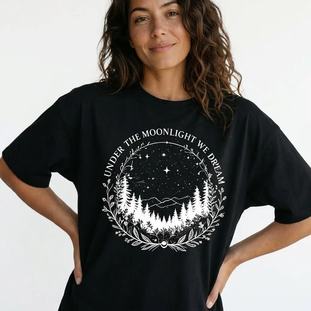 Boho Mountain Graphic Tee Women Celestial Nature Shirt Under The Moonlight