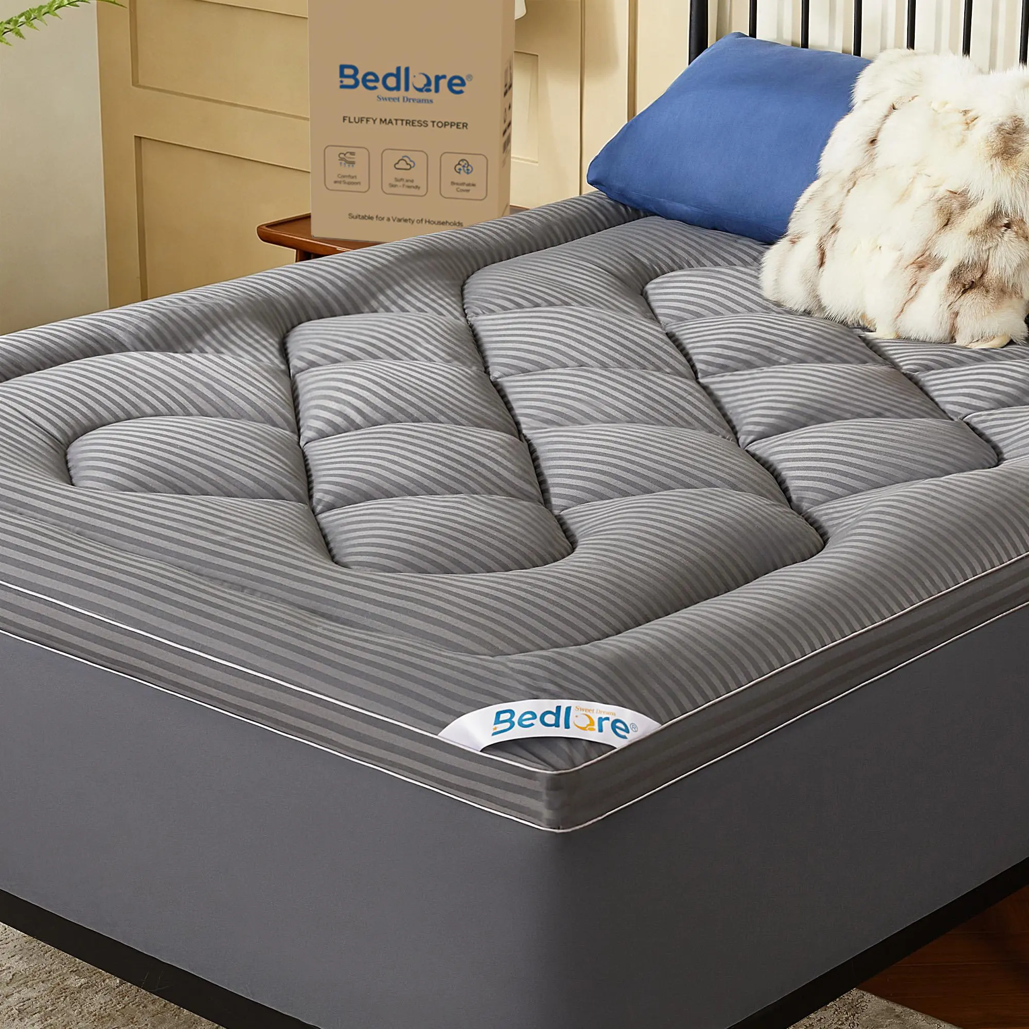 【SummerWins】BEDLORE Thick Mattress Topper, Chinese Knot Pattern, Thick Pillow Top Pad for Back Pain Relief, Cooling Soft Mattress Cover with Deep Pockets 6-18 inch, Ideal for Home & Hotel Use