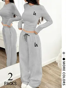 Women's Two-Piece Set, Casual Loose-Fitting Long Sleeve Top & Straight Leg Drawstring Pants, Comfortable Fabric, Perfect for Daily Wear, Travel, Shopping