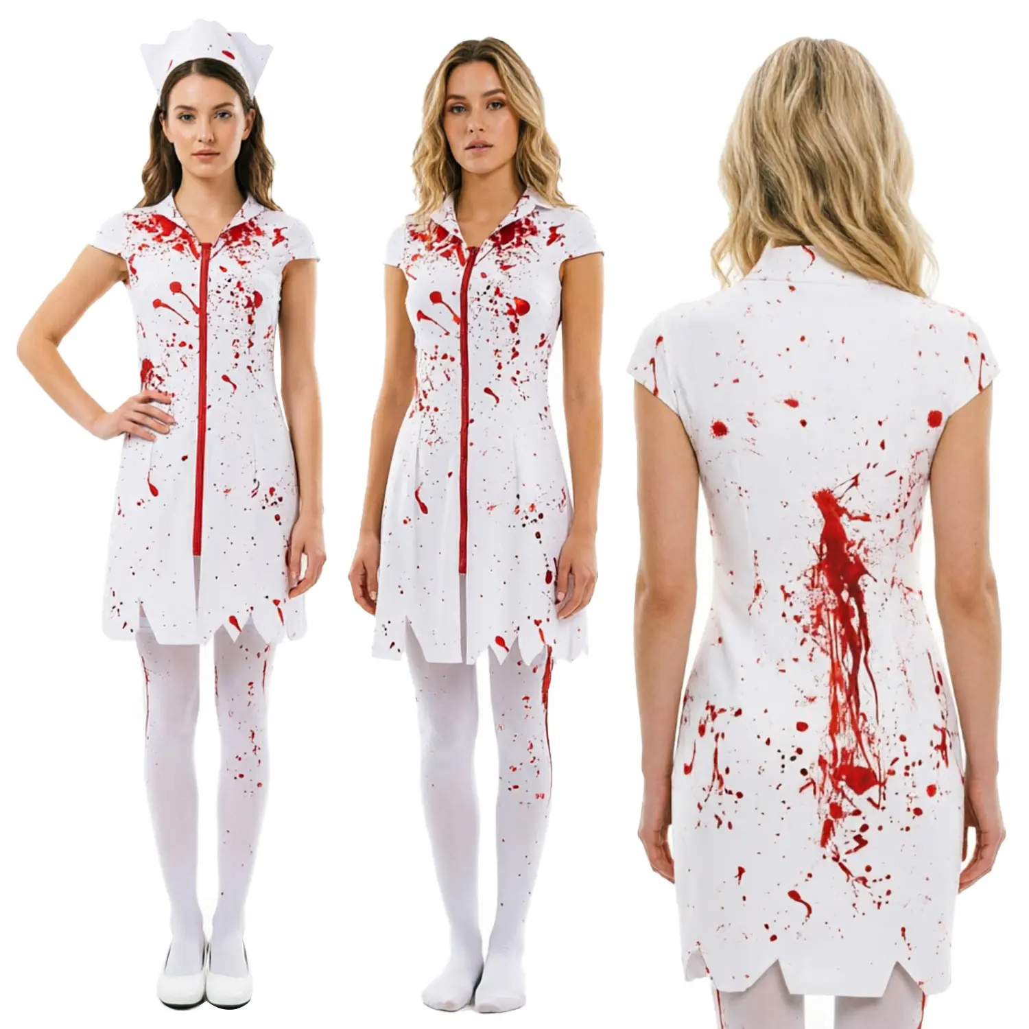 Bloody Nurse Halloween Costume Set with Hat Mask for Stage Horror Performance