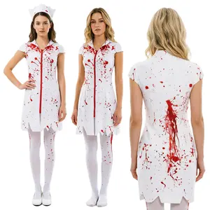 Bloody Nurse Halloween Costume Set with Hat Mask for Stage Horror Performance