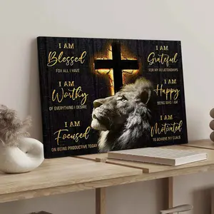 Lion & Cross Pattern Letter Cross Print Wooden Framed Canvas Painting, 1 Count Inspirational Beliefs with Lion Poster, Modern Art Decoration for Home Living Room Bedroom, Ornaments