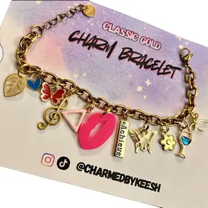 CharmedByKeesh Classic Gold Charm Bracelet Stainless Steel with Colorful Random Charms for Everyday Wear 7.5 inches + 1.5 inch Extender