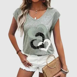 Flamingals Heart Print Rhinestone V Neck Cap Sleeve T-Shirt Summer Vibes