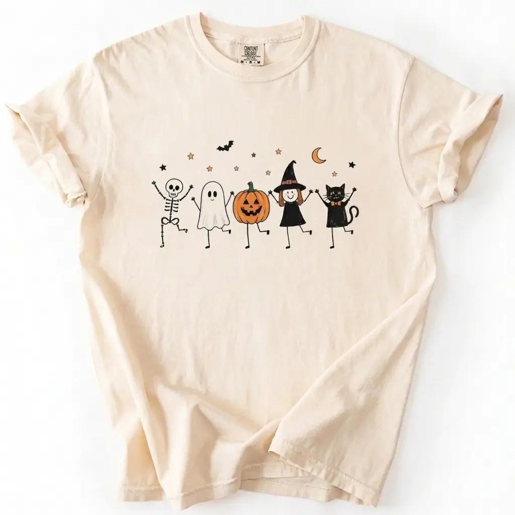 Comfort Colors Halloween Graphic Tee, Skeleton Ghost Pumpkin Witch Cat, Spooky Season Doodle Shirt – Monogram Wear