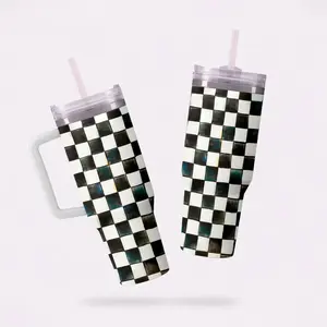 Mackenzie Childs Courtly Check Rambler 40 oz Tumbler with Handle and Straw Lid, Travel Mug Water Tumbler, Vacuum Insulated Cup with Handle, Stainless Steel