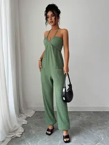 Women's Summer Sleeveless Halter One-Piece Jumpsuit, Halter Neck Jumpsuit, Loose-Fitting Basic Plain Casual Style, Pocket Design, Chic Fashionable All Seasons Wear
