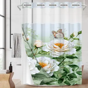 1PC Double Layer Shower Curtain, No Hooks, White Rose and Butterfly Print Waterproof Fabric, Fresh Botanical Home Decor, Bathroom Decorations, Hotel Bathroom Accessory, Detachable Buckle Shower Curtain and Liner, Bathroom Room Divider