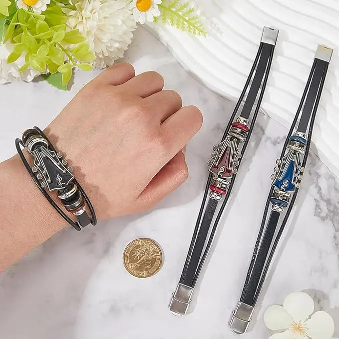 Unisex Leather Bracelet with Guitar Headstock Charm, Punk Rock Multi-Layered Braided PU Band for Music Lovers, Graduation Gift for Guitar Players & Students, Bracelets For Women