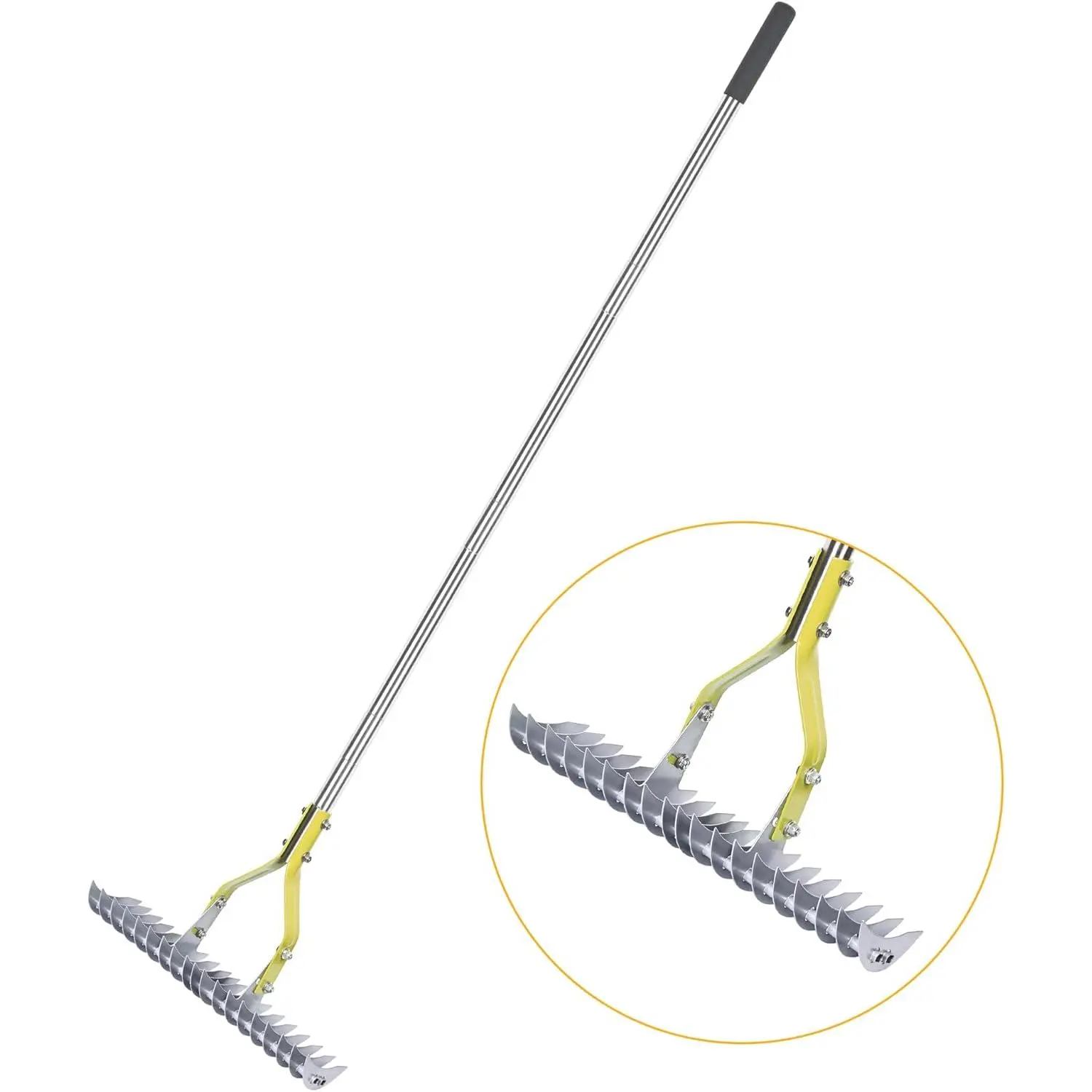 15" Width Carbon Steel Thatching Rake - 58.5" Adjustable Pole, Double Sides, Stainless Steel Handle, Antirust Protection, Angle Adjustable, Synthetic Components, Easy Assembly & Use for Cleaning Lawn, Cultivating