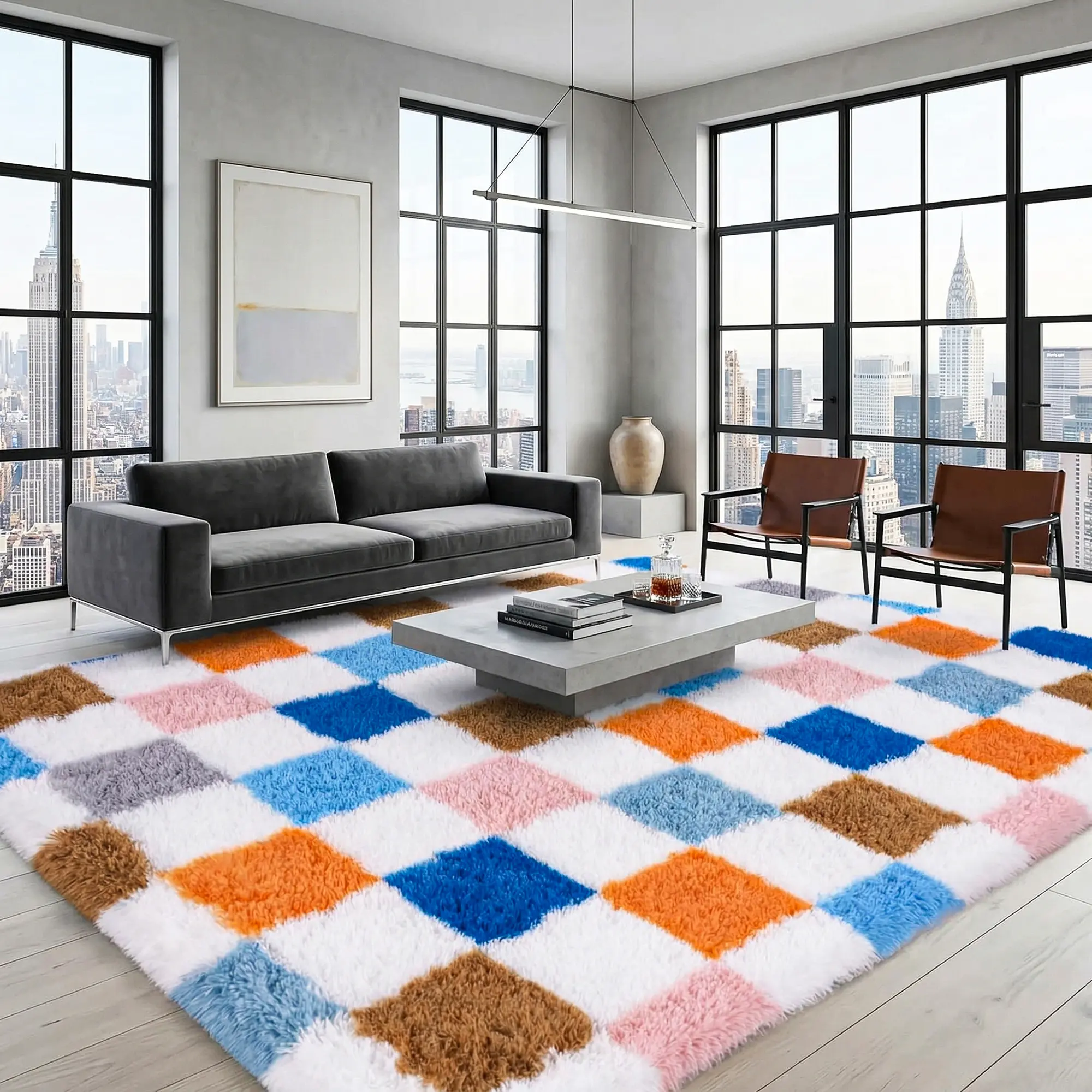 【Back to School】 Checkerboard Shag Area Rug | Ultra Soft Plush Fluffy Carpet for Bedroom, Living Room, Dorm Room & Apartment | Non-Slip Fuzzy Accent Rug, Modern Cozy Home Decor