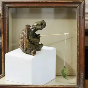 Simple resin turtle fishing statue with Moss and Hook - perfect for Outdoor garden, pond and terrace decoration