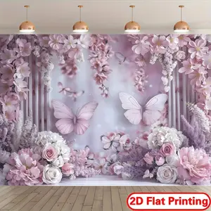 1 piece, 2d flat, vinyl photography background with purple butterflies and pink daisies, dreamy floral theme, suitable for birthday parties, weddings, baby christening decorations, durable and reusable wall decoration