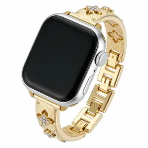 Gold Bling Apple Watch Band for Women 41mm 45mm 49mm, Four Leaf Clover Crystal Rhinestone Stainless Steel Bracelet, Adjustable Small Wrists 4.5-6.5 inch for Series 11 10 9 8 7 SE Ultra 2 Luxury Dressy#SummerVibes