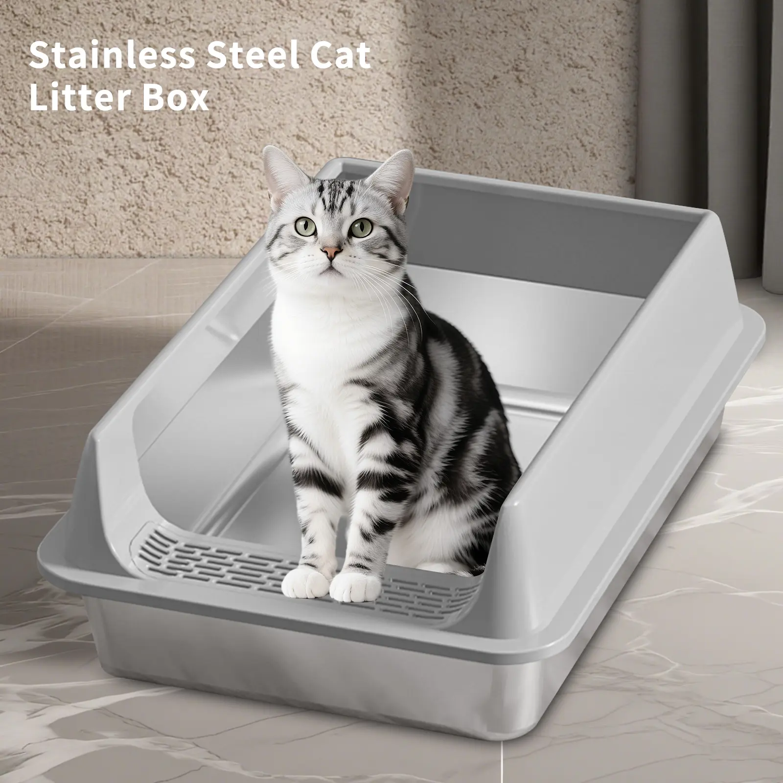 Stainless Steel Cat Litter Box, Large-Sized Lidded High-Sided Metal Tray, Leak-Proof, Easy-to-Clean, Non-Stick, Effective Odor Control