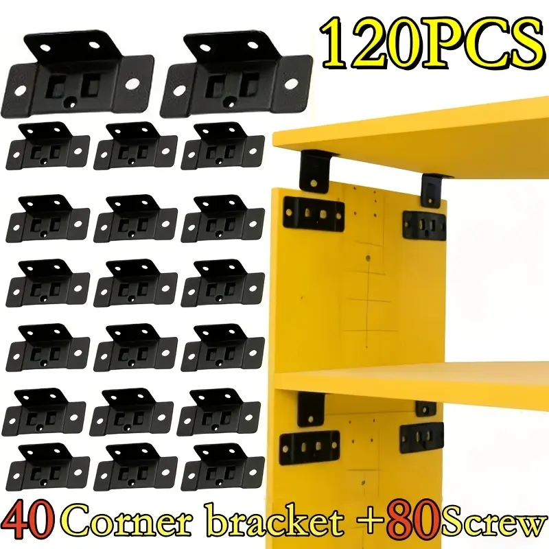 120pcs (40pcs Corner Bracket + 80pcs Mounting Screws) Metal Fixing Buckle 2-In-1 Inserts, L-Shaped 90-Degree Connectors for Furniture Shelves, Thickened Brackets for Home Decoration Hardware, Easy to Install Without Complex Tools