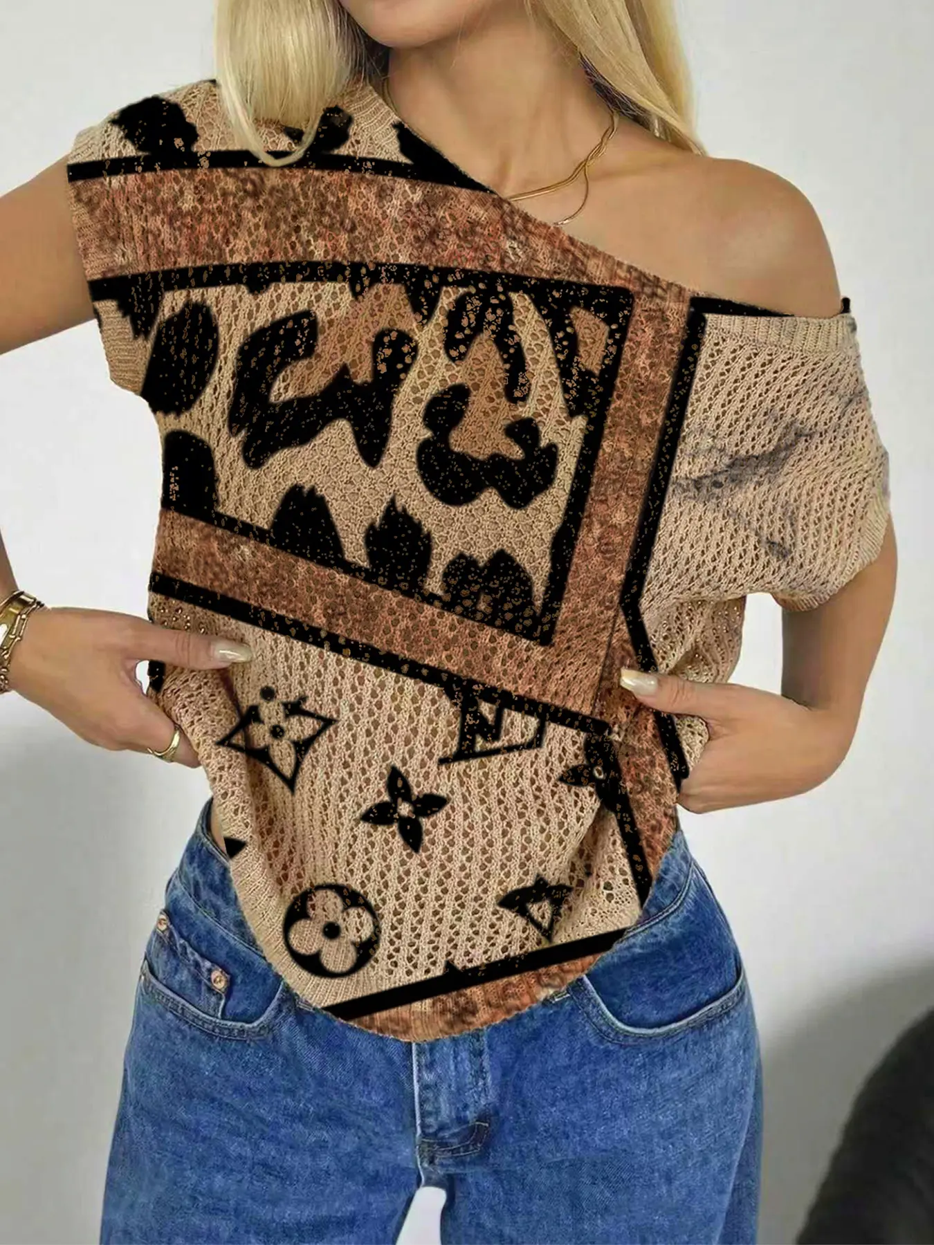 Women's Summer Beachwear Top, Asymmetrical Neck, Batwing Sleeves, Leopard Print, Gradient, Semi-Transparent, Bikini Cover-Up, Casual Knit Shirt