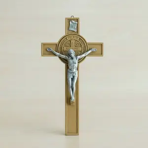 Saint Benedict olive woodtone Medal Crucifix 5″ religious cross