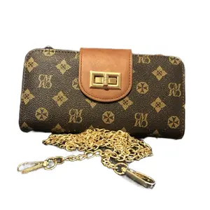 Women's Zip-Up Wallet with Gold Chain Shoulder Strap Monogram Design Brown Leather Accents Extra Snap Closure RF Protection