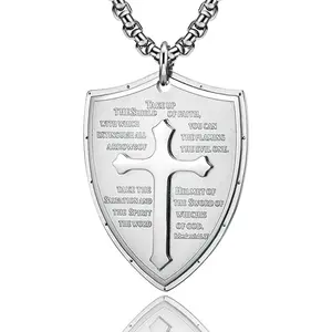Shield Armor of God Ephesians 6:16-17, Faith Cross Stainless Steel Pendant Necklace, 24" Chain