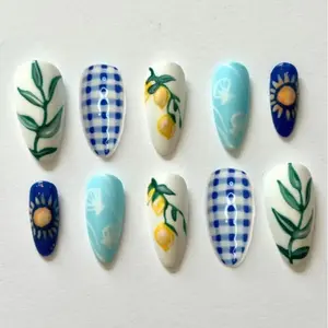 jasonj.nail Lemon Blue Check Press-On Nails, Hand-Painted Citrus, Leaf & Plaid Pattern Design, Fresh Summer Color Palette, Minimal Clean Aesthetic, Custom Handmade Nail Set