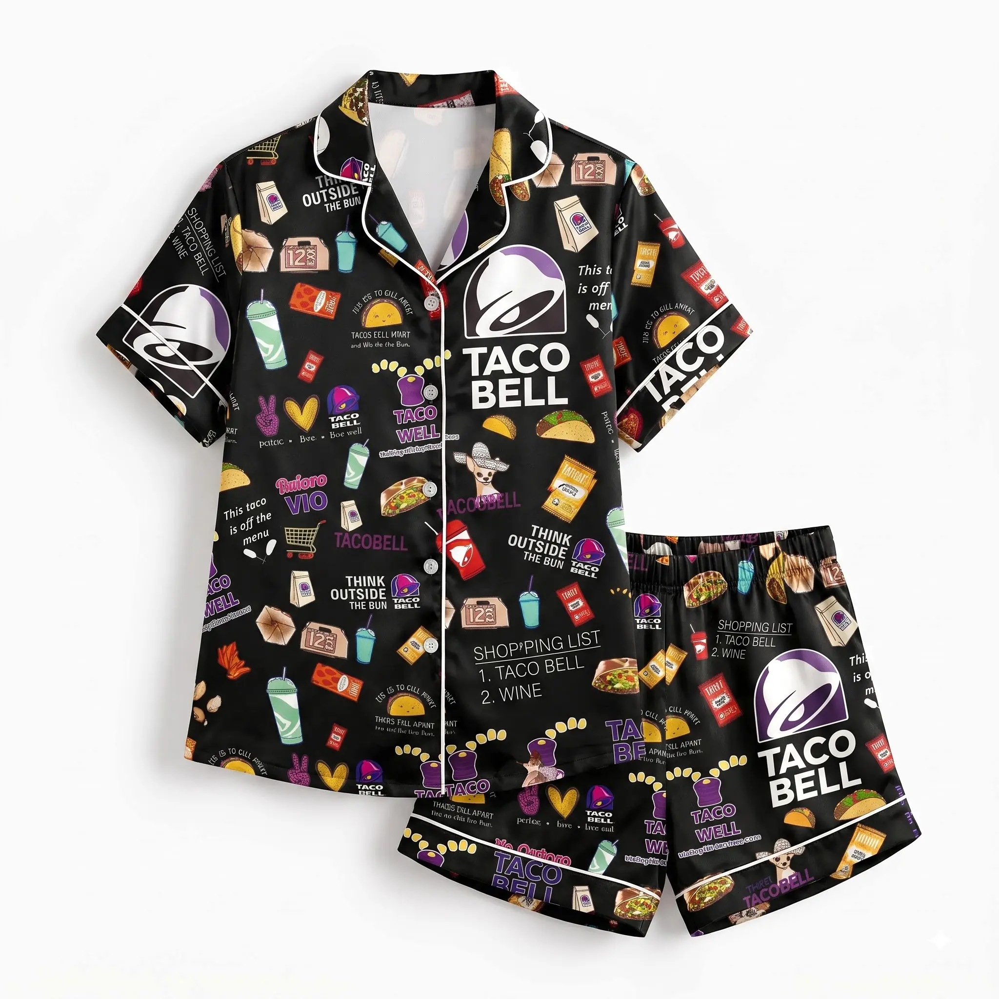 Tac0 BeII Short & Long Sleeve Pajamas Fast Food Pajamas Set Funny Sleepwear Tac0 Satin Pajamas