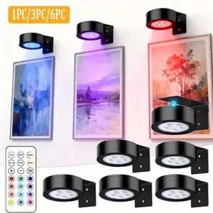 1/3/6PCS Picture Lights for Wall, RGB Color Changing Led Art Display Light, Battery Operated, Magnetic Painting Light with Remote Control, Home Wall Decorative Lighting, Black, Adjustable RGB Lighting, for Portraits, Art Frames