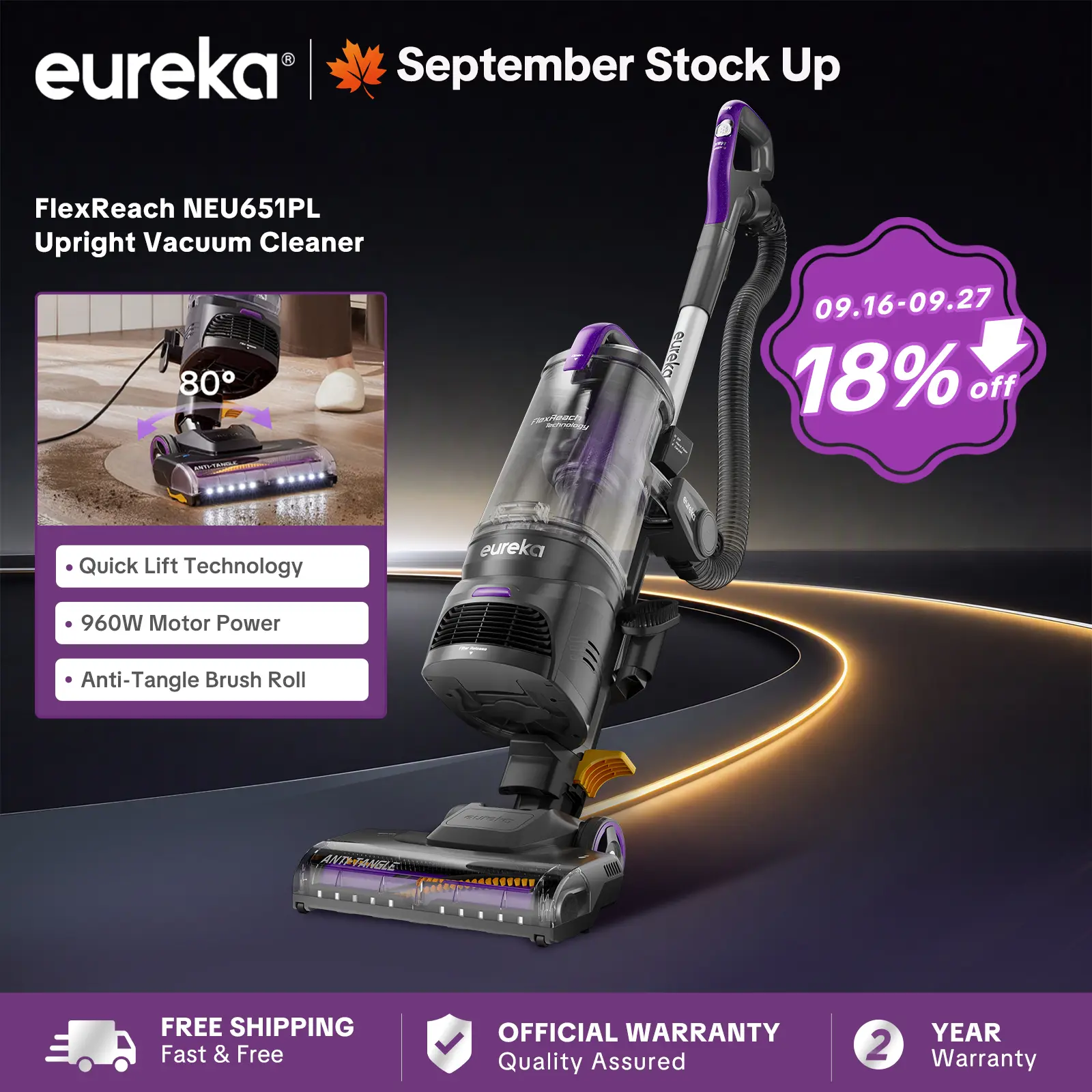 Eureka FlexReach NEU651PL Upright Vacuum Cleaner with Lift-Up Pod & Anti-Tangle Brushroll for Carpet & Hard Floors, Purple, 960W Motor, Deep Cleaning, Jumpstart Sale, Powerful Suction, Flexible Design