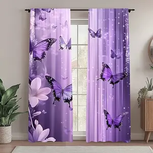 Butterfly Dance Print Curtain Set, Rod Pocket Design, for Bedroom Office Kitchen Living Room Study, Home Decor Enhancer