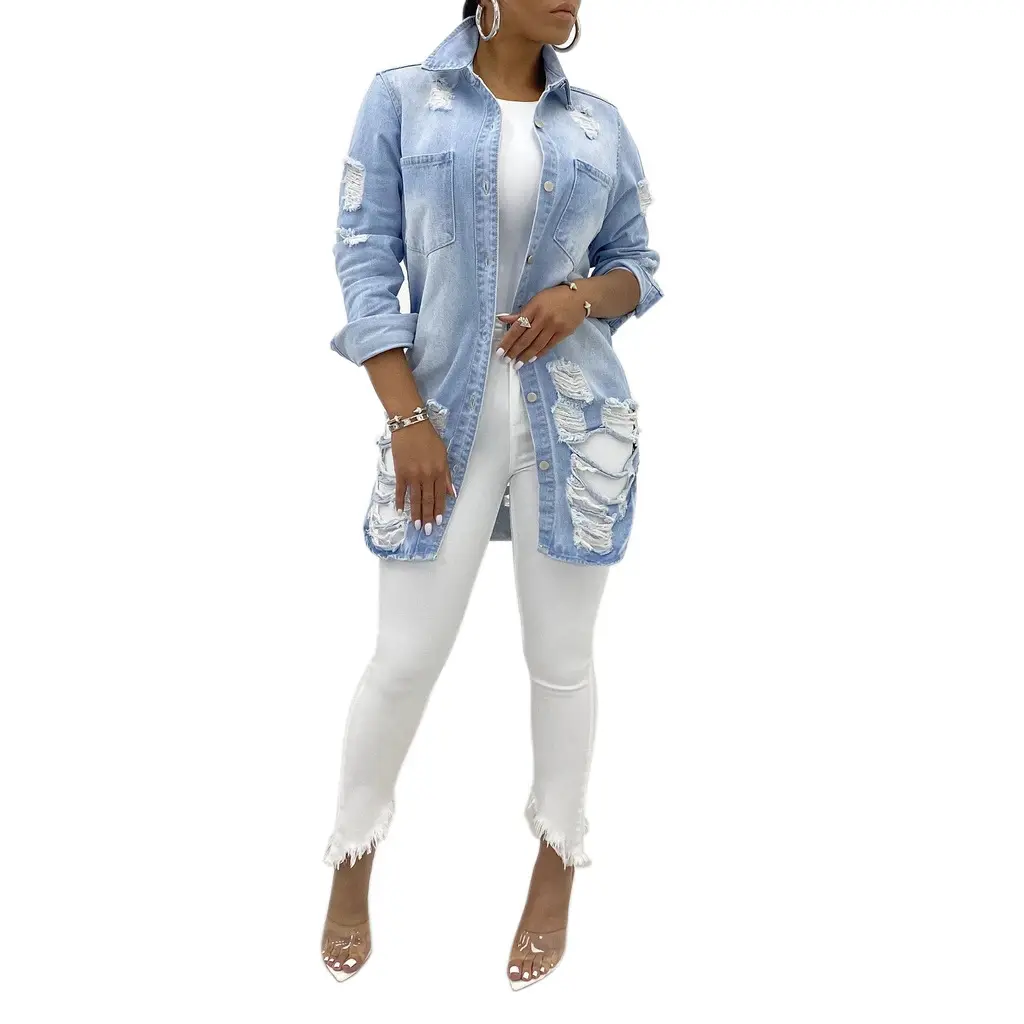 Elegant Solid Colour Denim Jacket for Women, Long Length Coats with a Distressed Look, Single-Breasted Tops, Chic, Fabric, Regular Fit, Cotton-Viscose, Casual, Do Not Dry Clean, Dark Blue, Button Front, Chic Look, Commencement