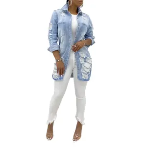 [US Shipping] Women's Chic Viscose-Cotton Denim Long-Sleeve Distressed Single-Breasted Jacket - Elegant, Shiny, Regular Flattering Fit Clothes for Spring, Autumn