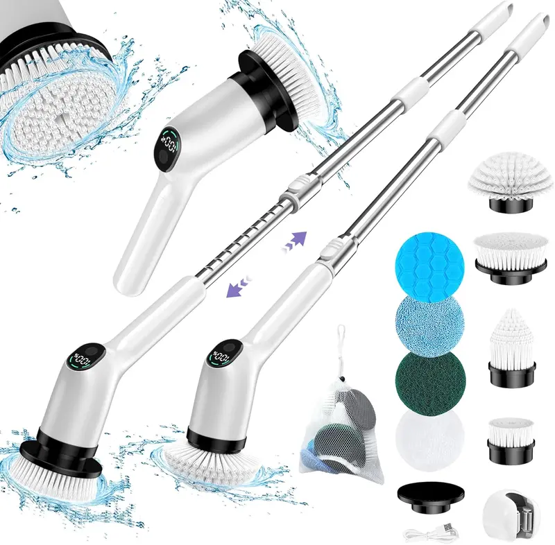 Multi-Functional Electric Spin Scrubber, 3 Adjustable Speeds and 9 Replaceable Cleaning Heads, Cordless Adjustable Extension Arm and LED Screen Power