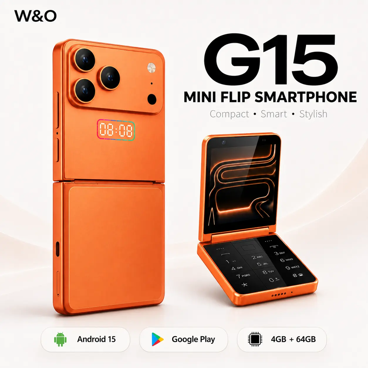 W&O G15 Mini Flip Smartphone, Android 15, 4GB RAM + 64GB Storage, 3.4" HD IPS Display, 4000mAh Battery, Compact Pocket Phone Foldable Rear Sim Camera Portable