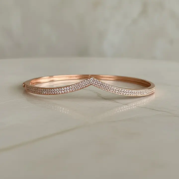 Rose Gold Diamond Bracelet | Wishbone Bangle for Everyday Wear | V Shape Cuff Bracelet