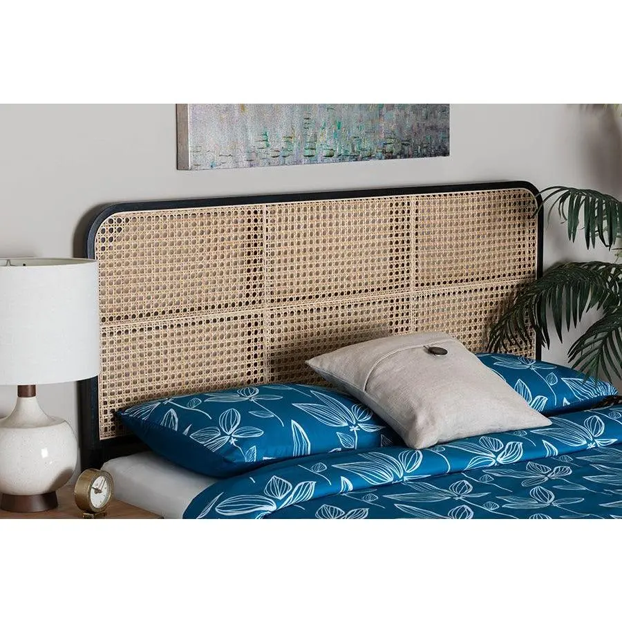 bali & pari Lainer Modern Bohemian Black Finished Bayur Wood and Natural Rattan Queen Size Headboard