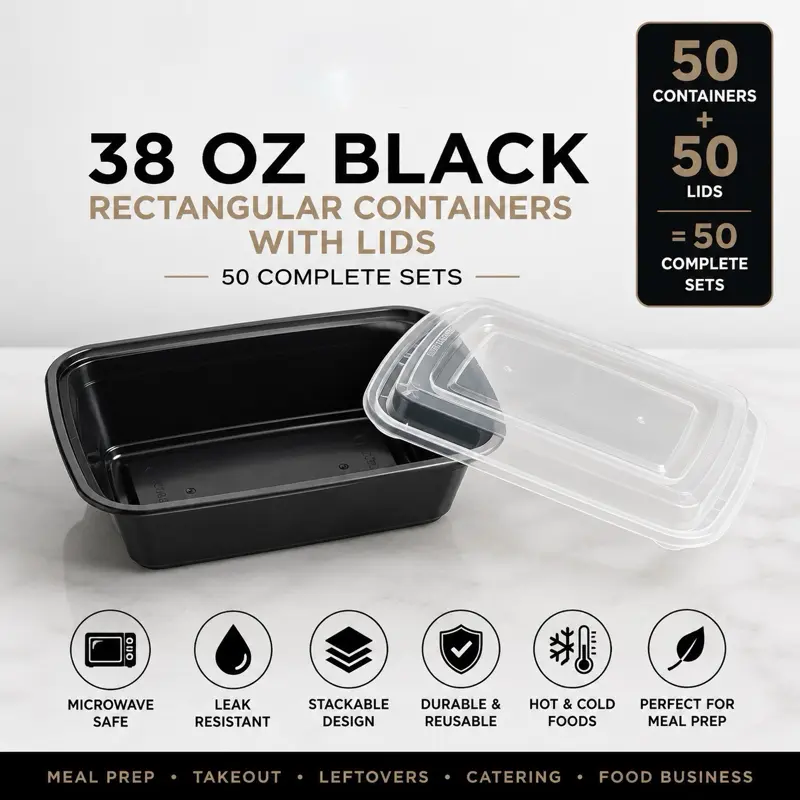 38 oz Black Rectangular Meal Prep Containers with Lids (50 set)