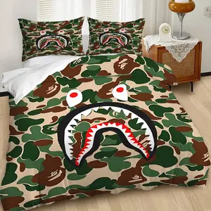2/3Pcs Shark Mouth Camo Duvet Cover Set, Trendy Woodland Camouflage Bedding Set, Bold and Stylish Design for Streetwear Lovers, Ideal for Unique Bedroom Decor and Comfort Includes 1 or 2 Pillowcase - No filling/Zipper Closure