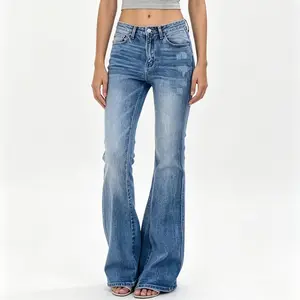 Womens High Waisted Jeans Flare Stretch Boyfriend Bootcut Casual Denim Pants hem bootcut jean