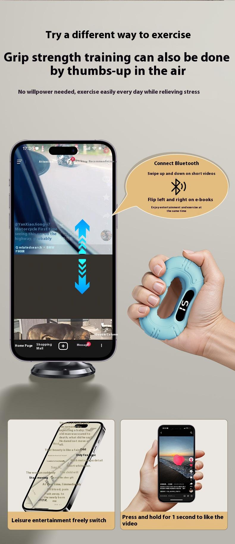 Smart silicone gripper to exercise finger strength grip ring connected to Bluetooth counting and page turning video grip ring