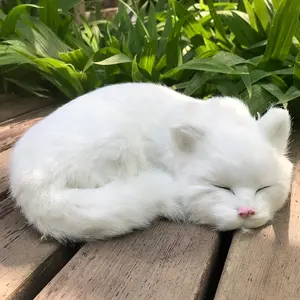 Realistic Furry Sleeping  Figurine  Kitty Lifelike Kitten Home Office Shelf Decorative Statue, Synthetic  Pet Replica (White)