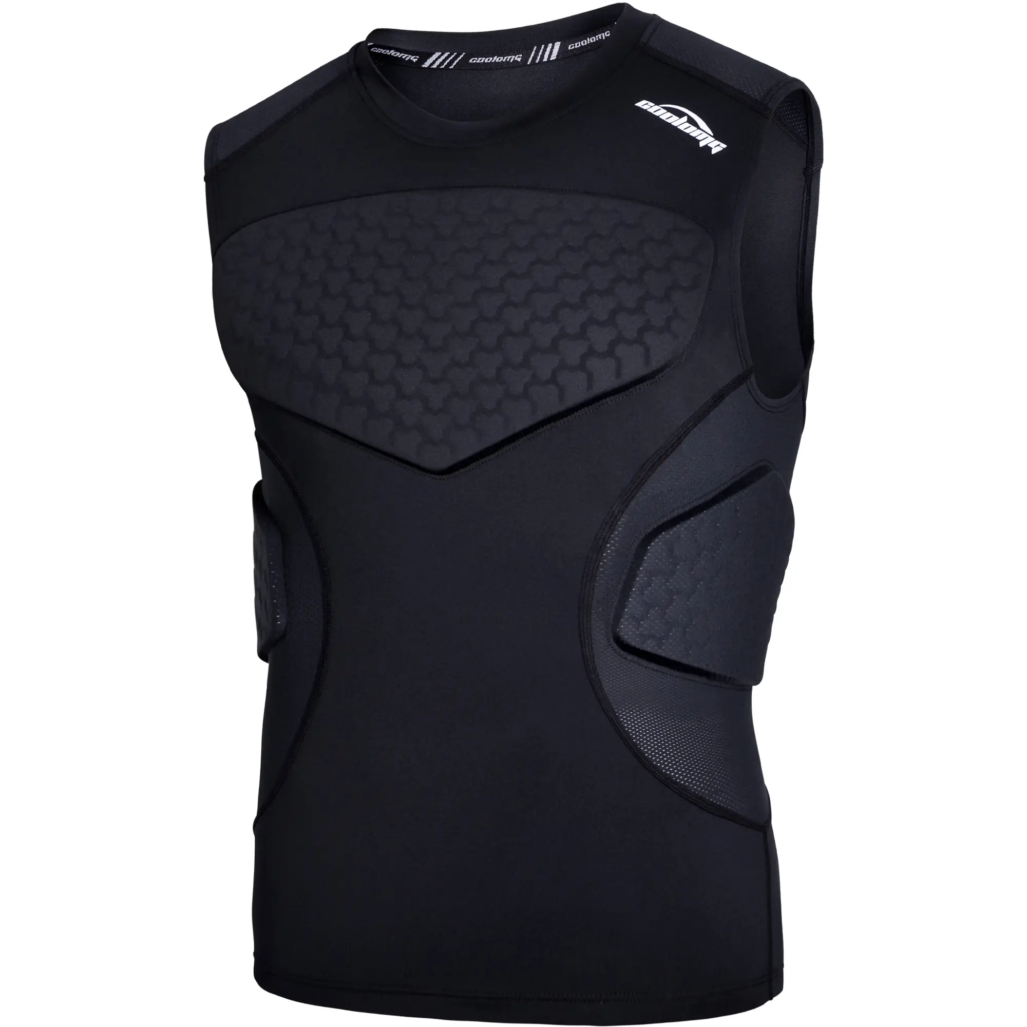 COOLOMG Men's 4-Pad Padded Shirt, Short Sleeve Compression Fit Protective Base Layer with Chest & Back Guards for Rugby & Hockey, Football, Flatlock Seam, Tight Fit, Sporty Vest, Athletic Tops, American Football, Polyester Blend, Impact Protection, Padded