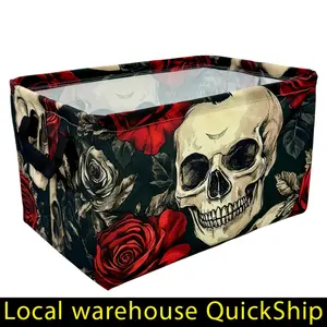 Rose Skull Print Rectangular Storage Basket Thick Oxford Fabric Extra Large Collapsible Laundry Basket Laundry Hamper For Bedroom And Bathroom Storage, Shelf Baskets