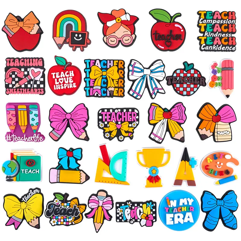 Teacher Themed 28/60PVC Shoe Charms Mixed Apple Pencil Bow Rainbow Maestra Letter Decor Charms Cartoon School Supplies Ornament Accessories For Sandals Wristband Bracelet DIY Craft Teacher Appreciation Holiday Gift