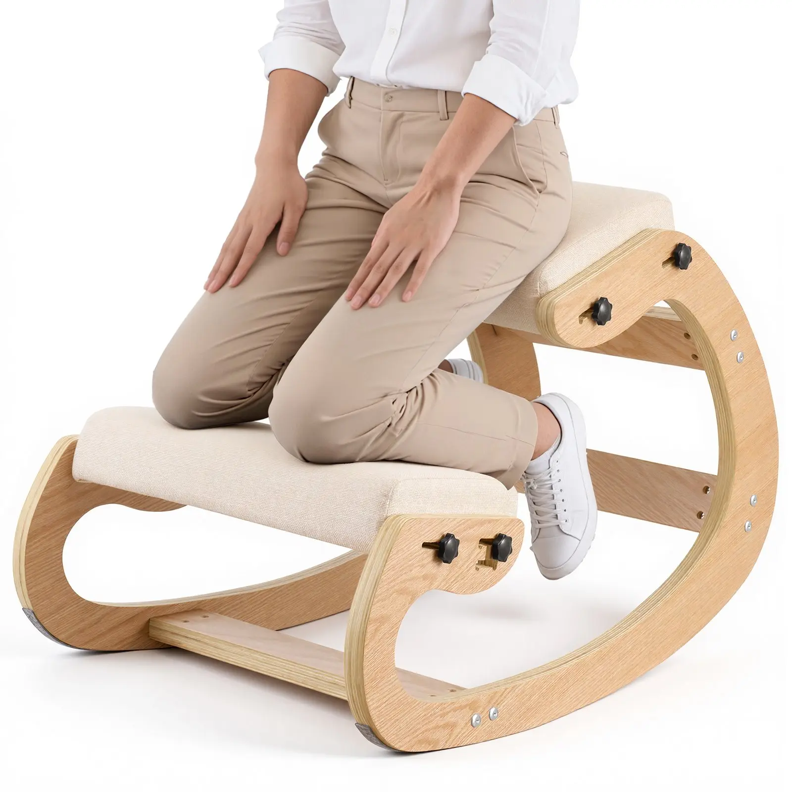 VEVOR Ergonomic Kneeling Chair QDQY-03, Meditation Posture Relief Chair with Adjustable Thick Foam Cushions, Solid Wood Frame, Adjustable Height/Rocking Base, Side Screws, 32.2 x 20.2 Inches (Inches/cm), Assembly Required for Office Users, Bottom Strips