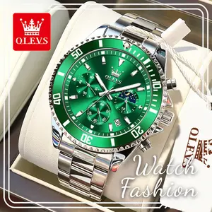 OLEVS 2870 Men’s Stainless Steel Alloy Analog Sport Watch, Viral Green Dial, 30M - 50M Waterproof, Luminous Backlit, Date Function, Clasp Closure, 2026 Fashion Chronograph Watch