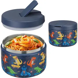 12oz Insulated Vacuum Food Jar with Buckle Lid Wide Mouth Soup Thermo for Hot Food, Leakproof Stainless Steel Lunch Container for Kids (Blue-Dinosaur)