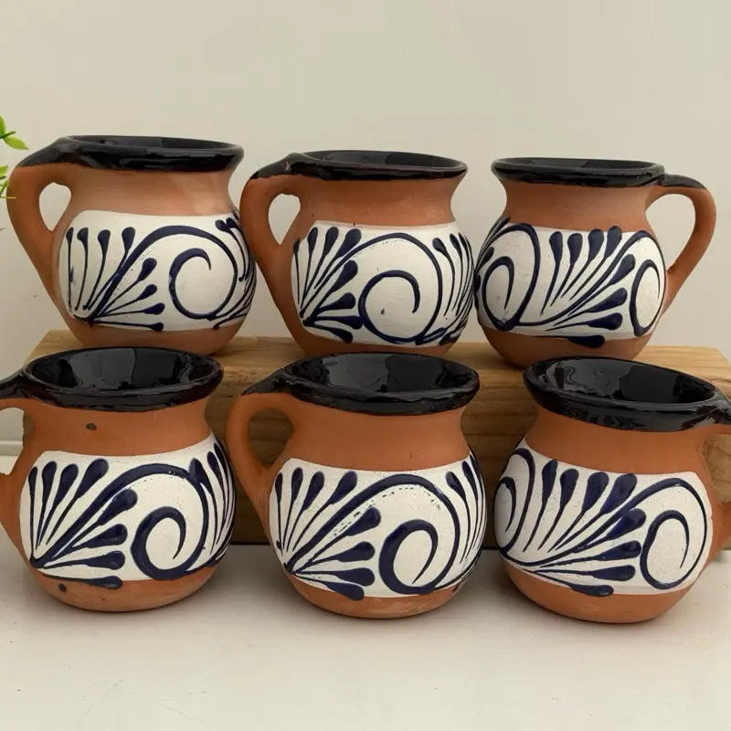 Talavera style 6pc Jarritos white/navy coffee mugs